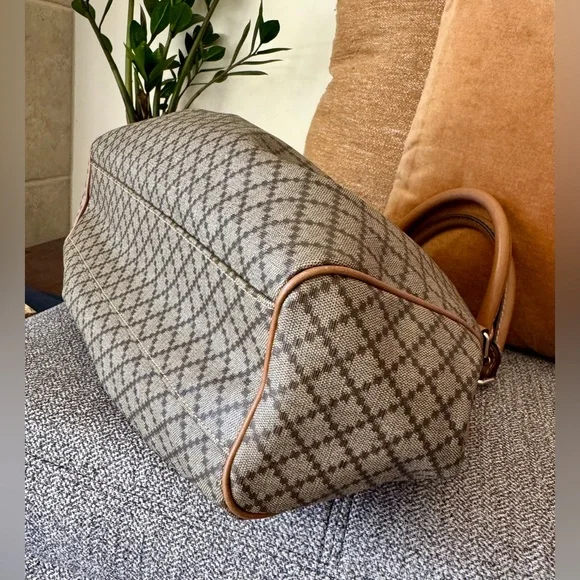 Designer-Style Brown Patterned Tote Bag with Tan Leather Trim - Picture 8 of 16